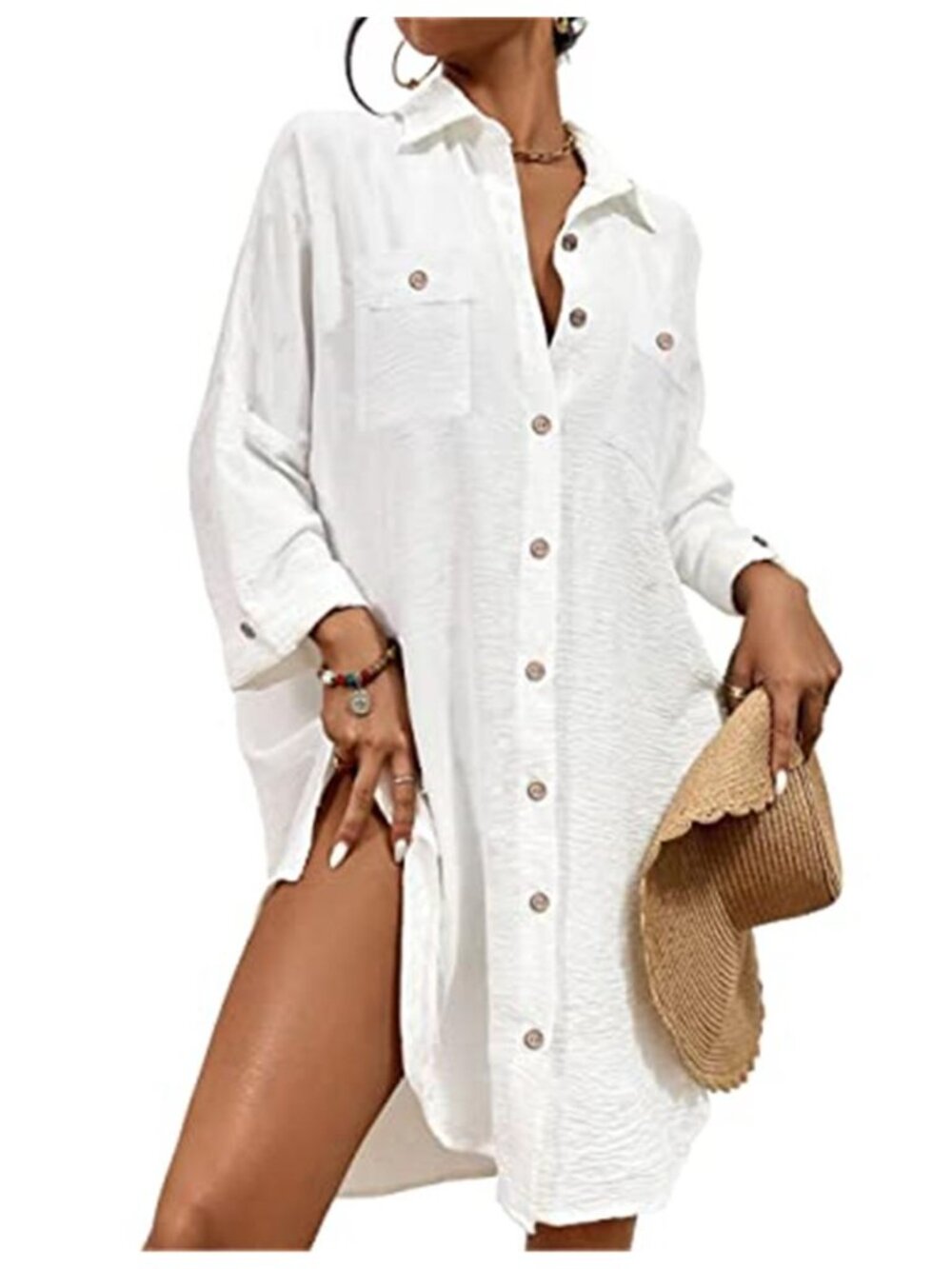 Womens Beach Cover Up Button Down Shirt Long Sleeve Swimsuit Blouse White Top
